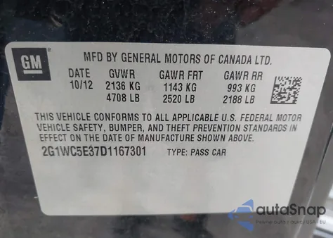 2013 Chevrolet Impala Ltz z USA, uszkodzony, nr VIN 2G1WC5E37D1167301
